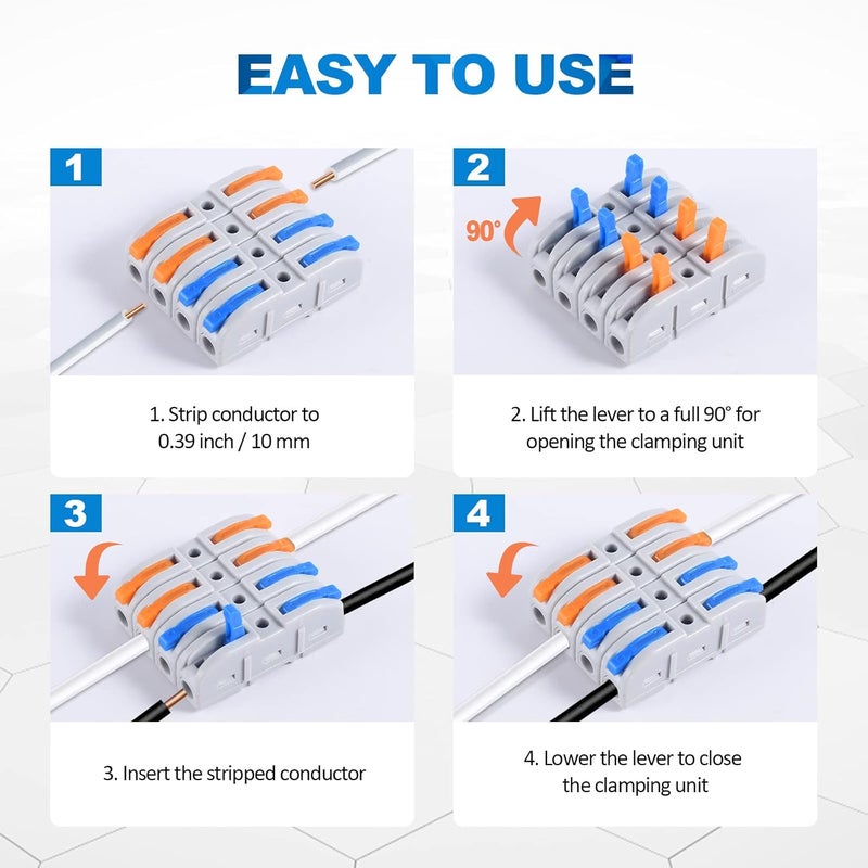 HTCELLE Lever Wire Connectors, 60-Piece Quick Connect Electrical Splicing Kit for Compact Inline Terminals - 28-12 AWG, 1 in 1 Out (Multicolored, 60) - Image 3